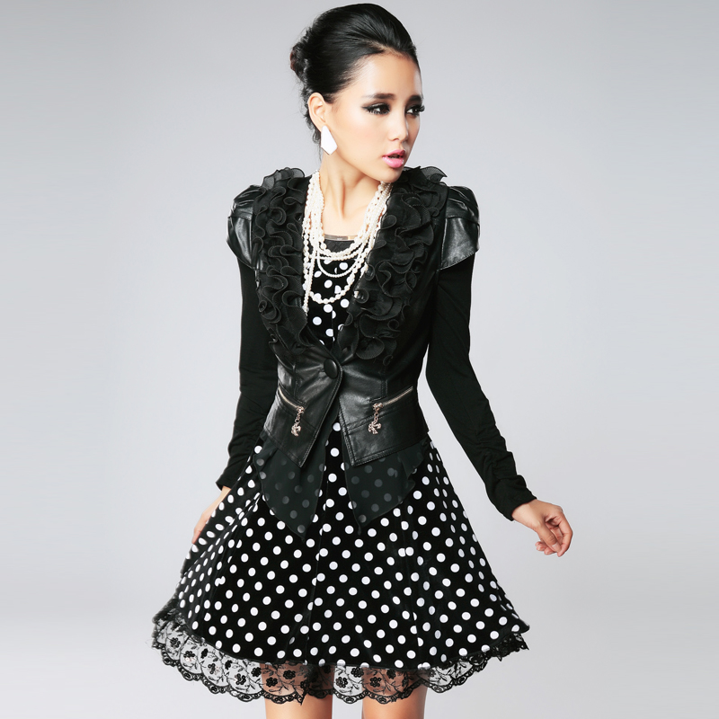 2013 spring women's slim ruffle PU leather coat twinset polka dot one-piece dress