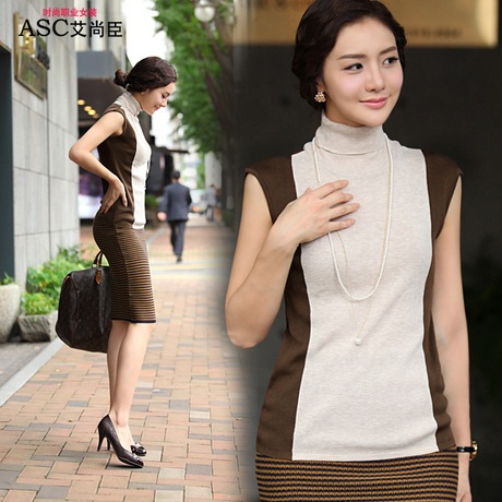 2013 spring women's slim turtleneck color block sleeveless faux two piece set sweater female