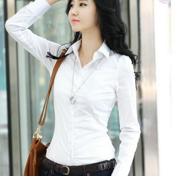 2013 Spring Women's Slim Waist White Shirt Women's Long-sleeve Shirt Free Shipping