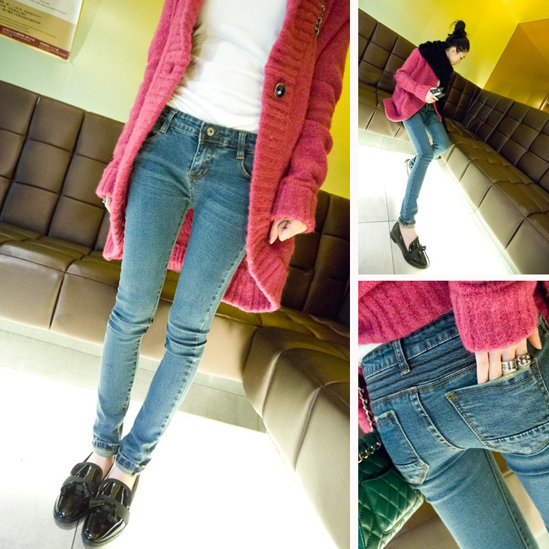 2013 spring women's slim water wash denim high waist casual long trousers