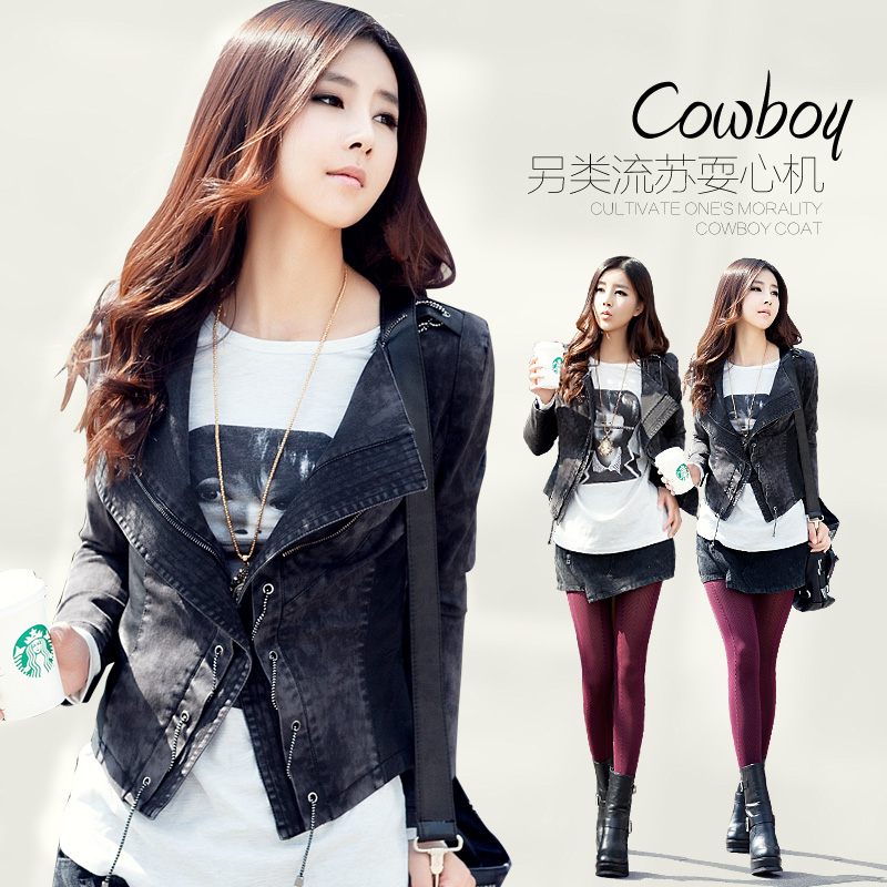 2013 spring women's street slim leather clothing patchwork denim women's coat 5607