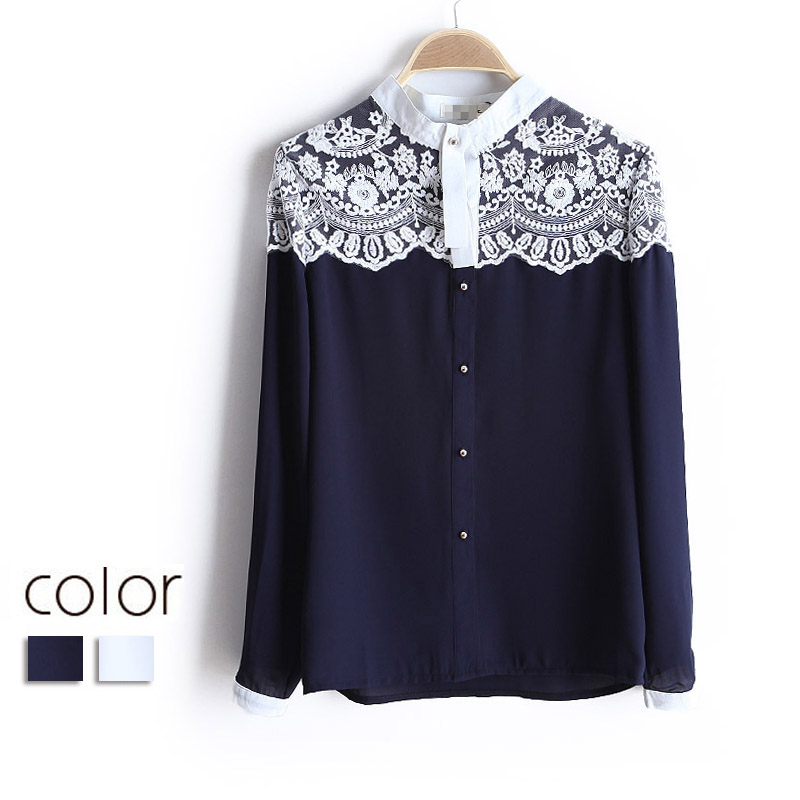 2013 spring women's sweet lace patchwork stand collar chiffon shirt chiffon shirt A2060