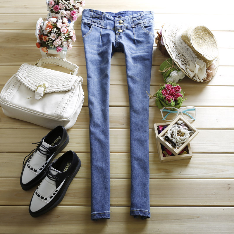 2013 spring women's the trend of buttons elastic casual skinny jeans pencil pants