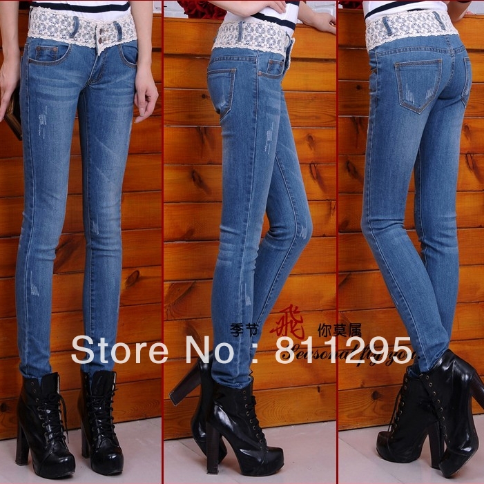 2013 spring women's trousers dark color denim jeans Female elastic skinny pencil pants lace Free shipping