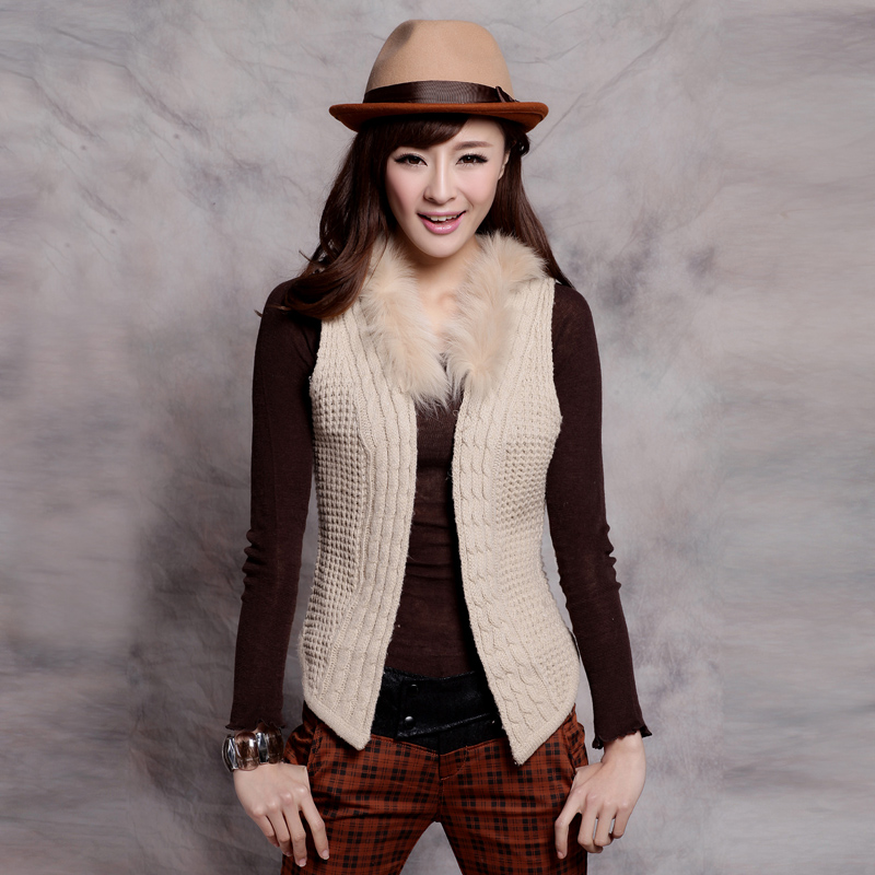 2013 spring women's V-neck fur collar knitted vest all-match knitted no button cardigan female