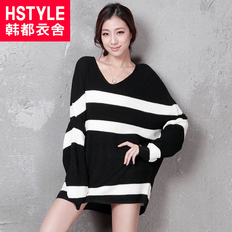 2013 spring women's V-neck stripe loose knitted sweater ig1492