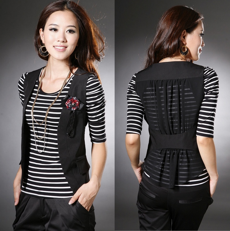 2013 spring women's vest stripe t-shirt twinset spring and summer chiffon vest