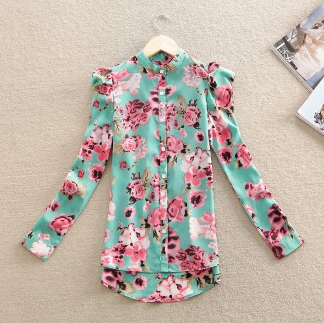 2013 spring women's vintage big broken - flower puff sleeve loose chiffon shirt long-sleeve shirt female