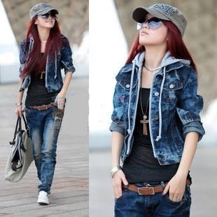 2013 spring women's with a hood slim denim coat plus size turn-down collar long-sleeve short design denim outerwear