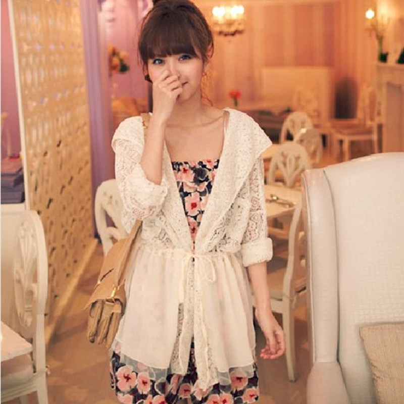 2013 spring women's with a hood strap lace chiffon gauze all-match long-sleeve casual outerwear