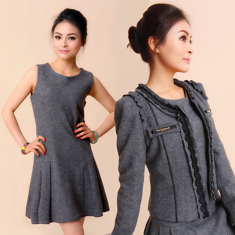 2013 spring women's woolen outerwear sleeveless one-piece dress twinset dress set