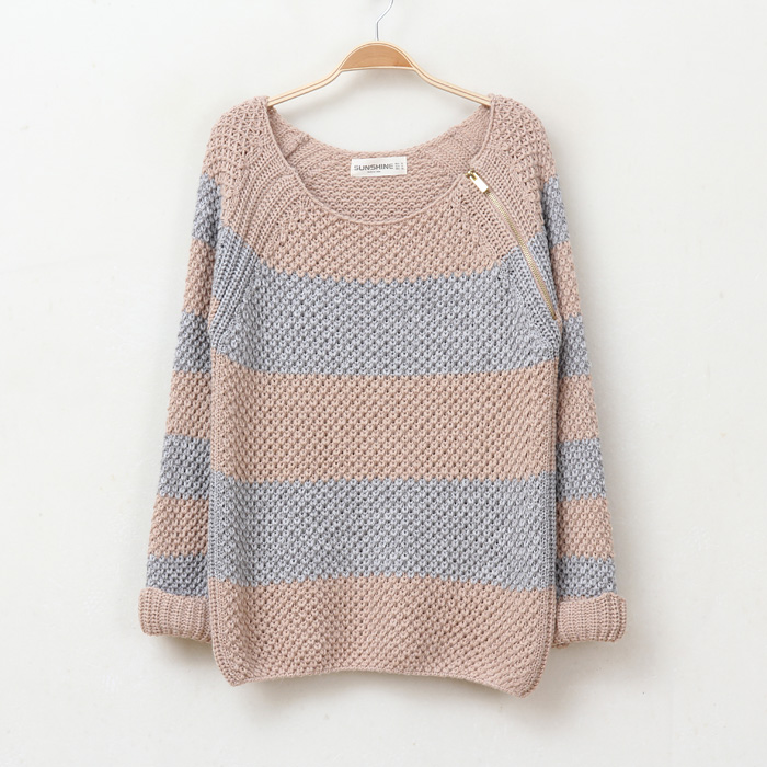 2013 spring women's zipper knitting batwing sleeve wide stripe pullover knitted sweater