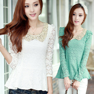 2013 spring women shirt peter pan collar lace basic shirt female long-sleeve top