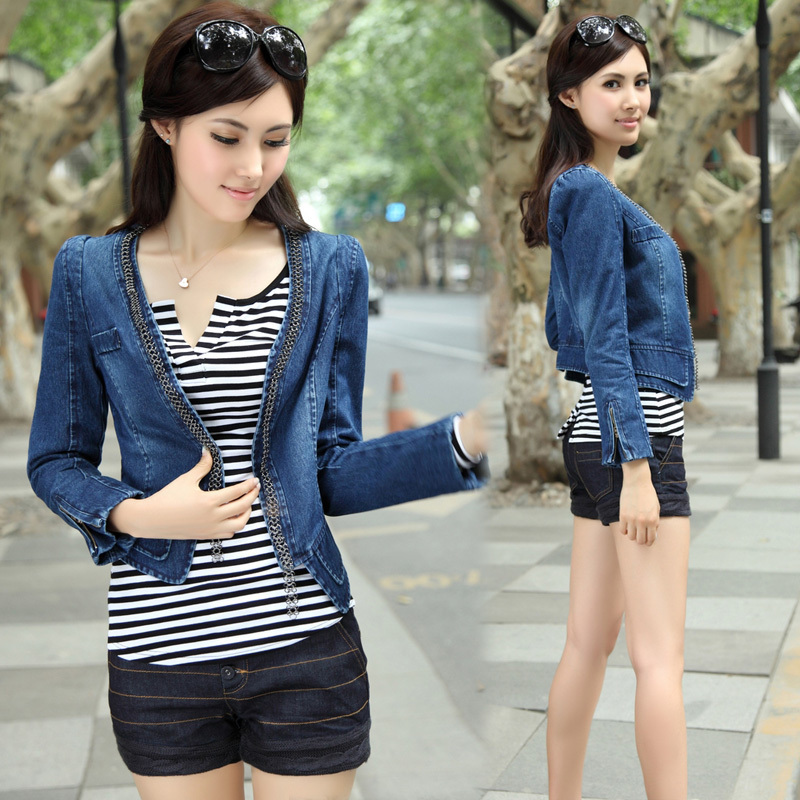 2013 spring Women wowed vintage elastic denim short jacket top short design denim coat long-sleeve slim