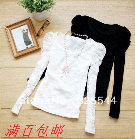 2013 spring Womens Sweet long-sleeve lace shirt t-shirt women's blouse