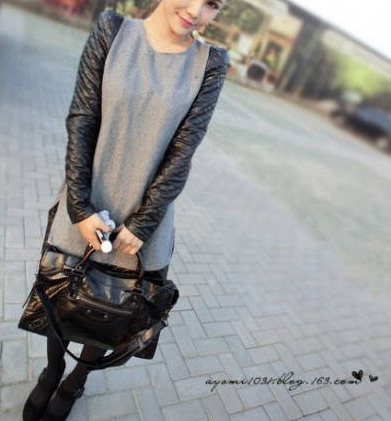 2013 spring woolen one-piece dress patchwork leather shoulder pads long-sleeve one-piece dress 508