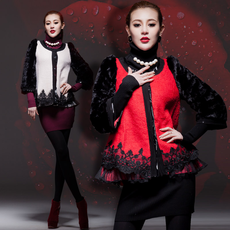 2013 spring woolen paint leather coat medium-long slim lace sweep rabbit fur overcoat a10861