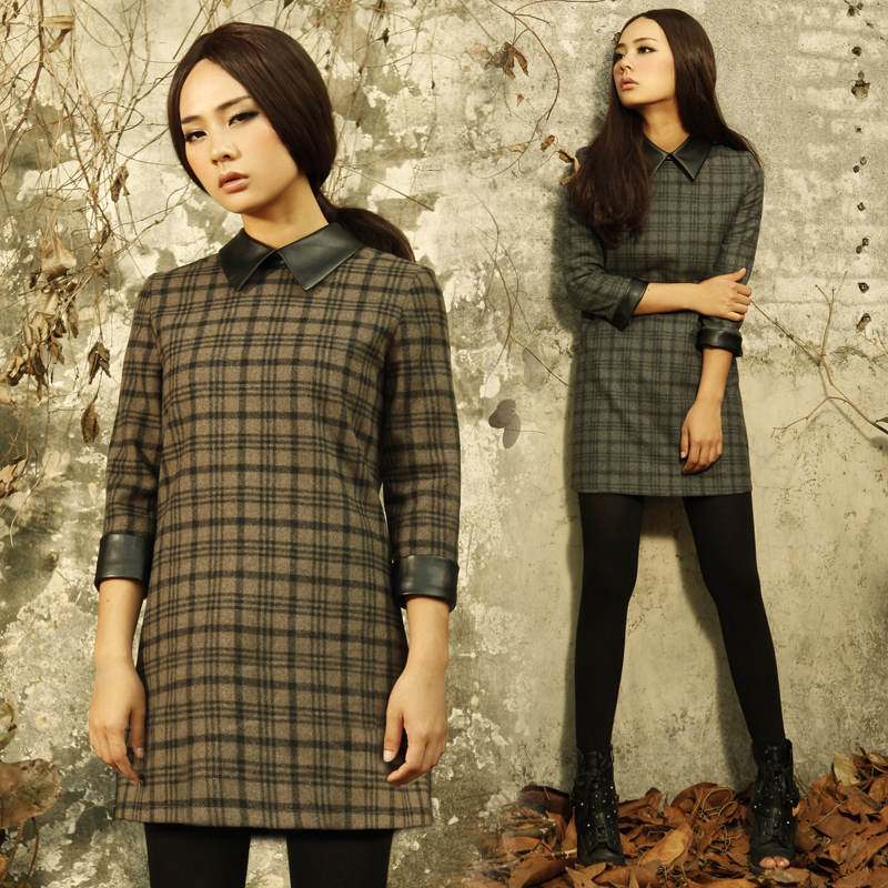 2013 spring woolen preppy style one-piece dress leather collar three quarter sleeve plaid skirt female woolen dress