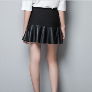 2013 spring zar fashion women's leather patchwork skirt lotus leaf pleated short skirt 5254