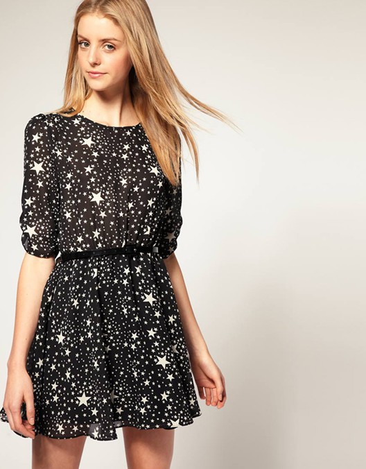 2013 Stars dress printed chiffon sleeve dress with belt  free shipping