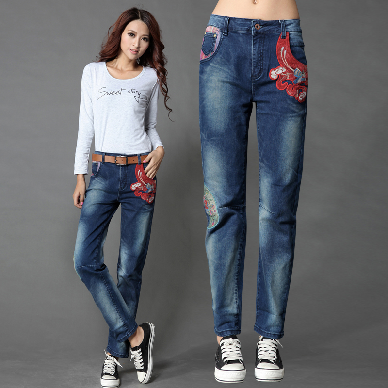 2013 straight jeans for women long pants national trend jeans female trousers jeans embroidered pencil pants