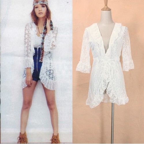 2013 summer 372685 fashion lacing puff sleeve cutout lace coat high quality