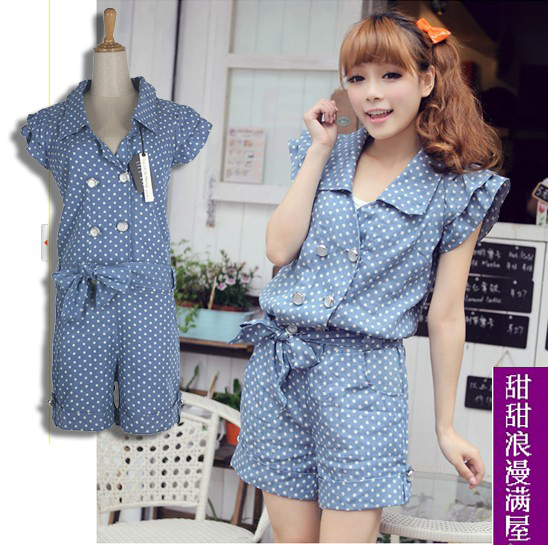 2013 summer 391216 polka dot sparkling diamond double breasted ruffle sleeve denim one piece shorts jumpsuit