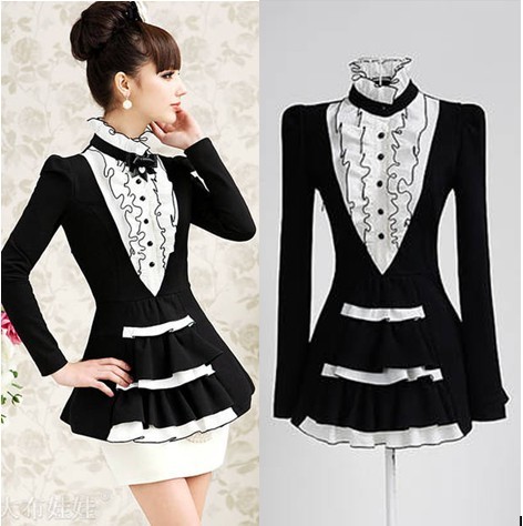 2013 summer a638 black-and-white juxtaposition royal ruffle skirt slim long-sleeve shirt