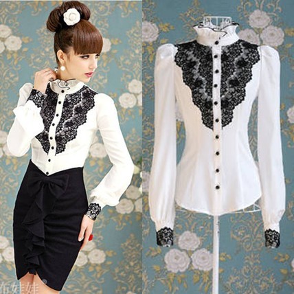 2013 summer a639 black ruffle lace stand collar puff sleeve slim white long-sleeve shirt