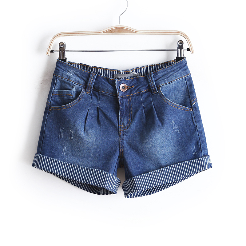 2013 summer all-match stripe roll-up hem water wash wearing white scratches casual denim shorts wd889