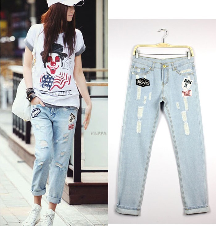 2013 summer badge holes casual jeans female roll-up hem beggar pants plus size ankle length denim trousers Free shipping