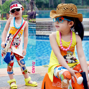 2013 summer children's clothing girls clothing MICKEY irregular sweep T-shirt knitted sleeveless vest