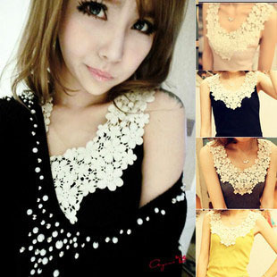 2013 summer clothes lace cutout lace crotch patchwork basic vest spaghetti strap