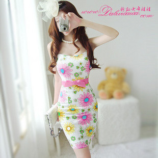 2013 Summer Daisy Print Slim Woman Dress High Quality Elastic Satin Suspender Skirt