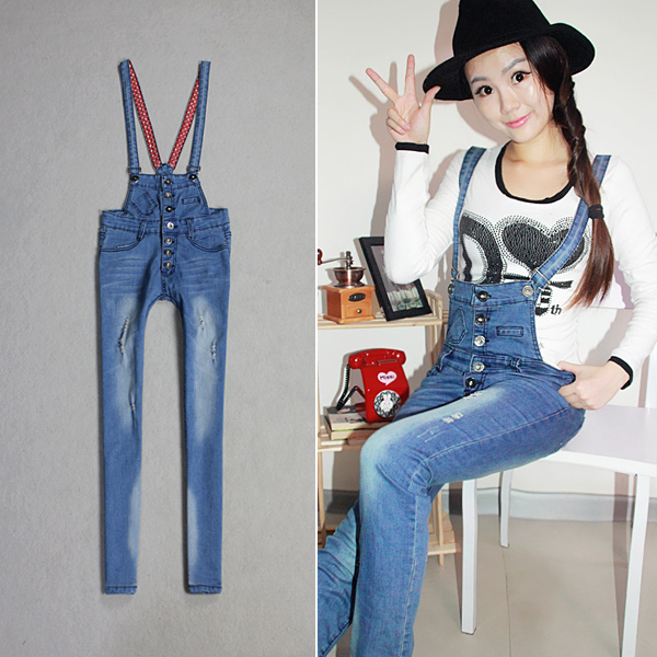 2013 summer denim bib pants elastic pants slim skinny pants women's fashion