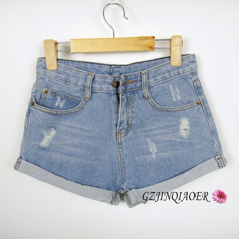 2013 summer denim shorts female roll-up hem hole loose shorts jeans