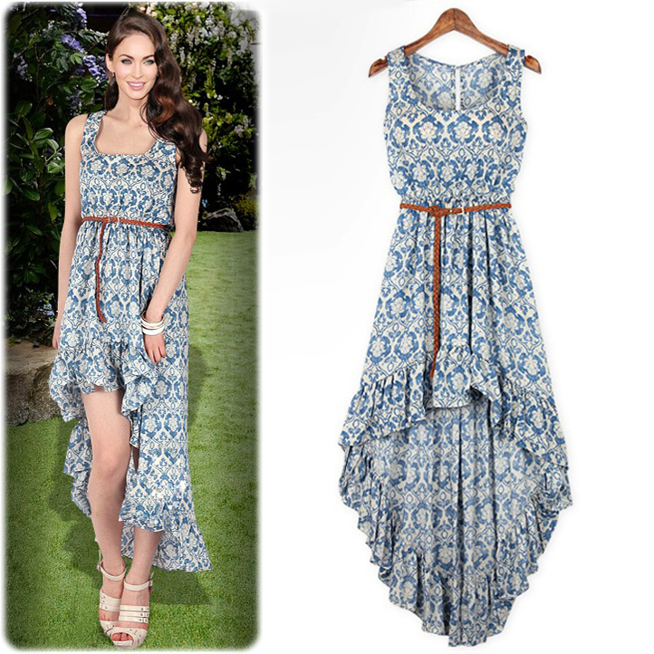 2013 summer elegant blue and white porcelain print genuine leather belt elastic waist fish tail skirt one-piece dress