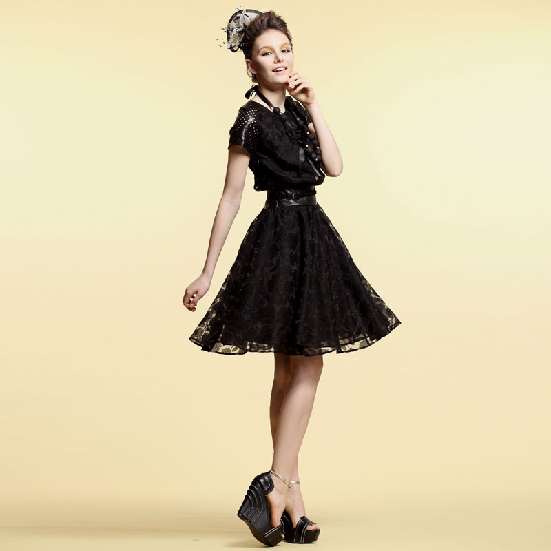 2013 summer fashion genuine leather cutout patchwork lace black lacing one-piece dress