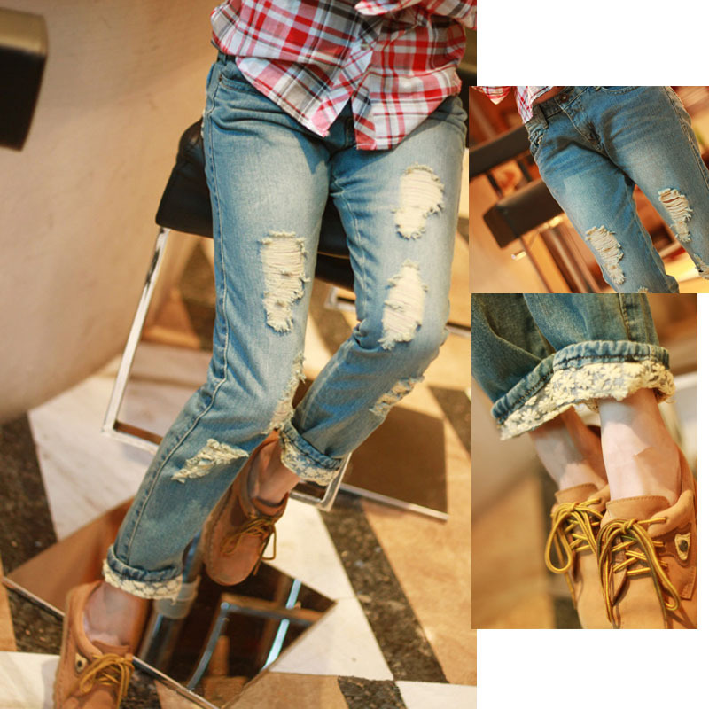 2013 summer fashion lace decoration roll up hem casual water wash hole jeans female