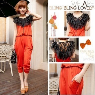 2013 Summer Fashion Lace Harem Jumpsuit For Womens With Ruffle Neckline And Elastic Leg Opening