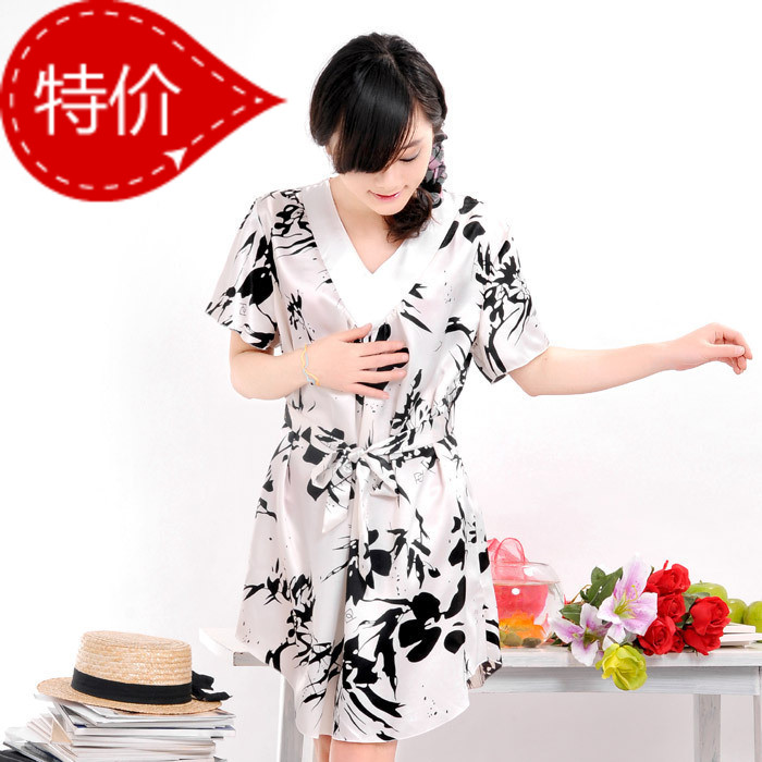 2013 summer fashion V-neck chinese style ink flower print sleepwear faux silk nightgown