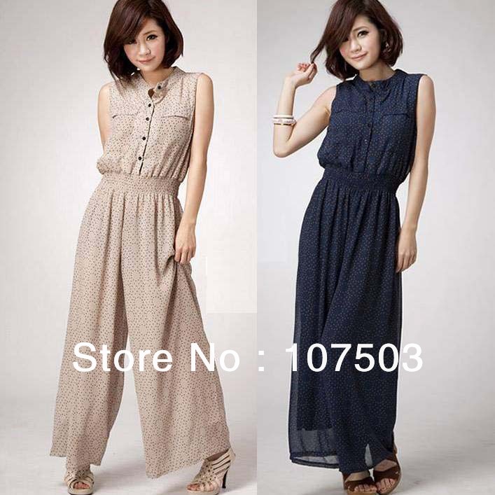 2013 summer fashion women new little printing breasted large size chiffon overall jumpsuit pants Navy blue, Beige W3467