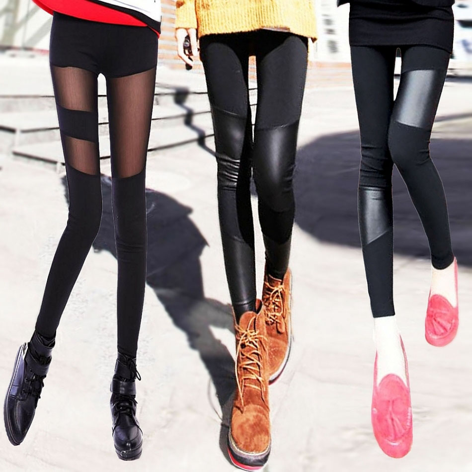 2013 summer faux leather patchwork legging female thin faux leather pants boot cut jeans ankle length trousers