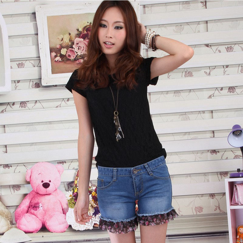 2013 summer female jeans chiffon laciness denim shorts female shorts plus size slim short trousers