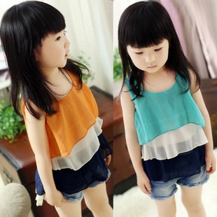 2013 summer girls clothing color block chiffon spaghetti strap child top vest baby sleeveless T-shirt