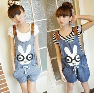 2013 summer high waisted suspenders shorts jumpsuit for women rabbit denim shorts romper overalls 2 color