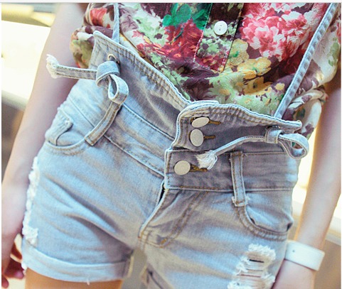 2013 summer hole roll-up hem loose high waist denim shorts female denim suspenders shorts