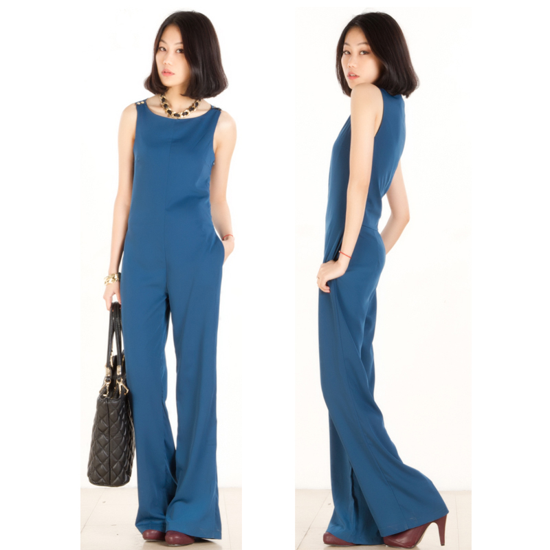 2013 summer  hot sales fashion disigner sleeveless straight  jumpsuit for women  blue color trousers