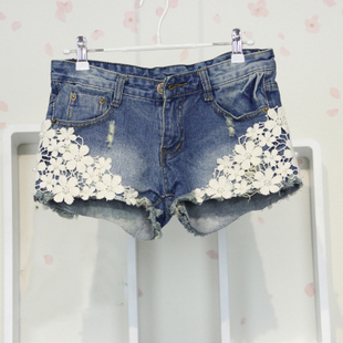 2013 summer lace flower hole denim shorts mm loose plus size women's jeans