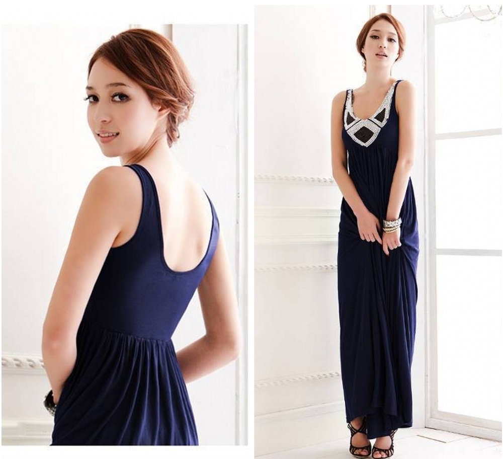 2013 summer lady elegant blue sleeveless square collar maxi dress cozy luxury sequined backless dinner dress